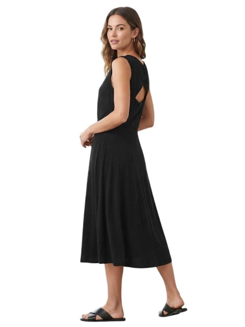 Pact Fit And Flare V Neck Open Back Black Midi Dress Organic Cotton Size M